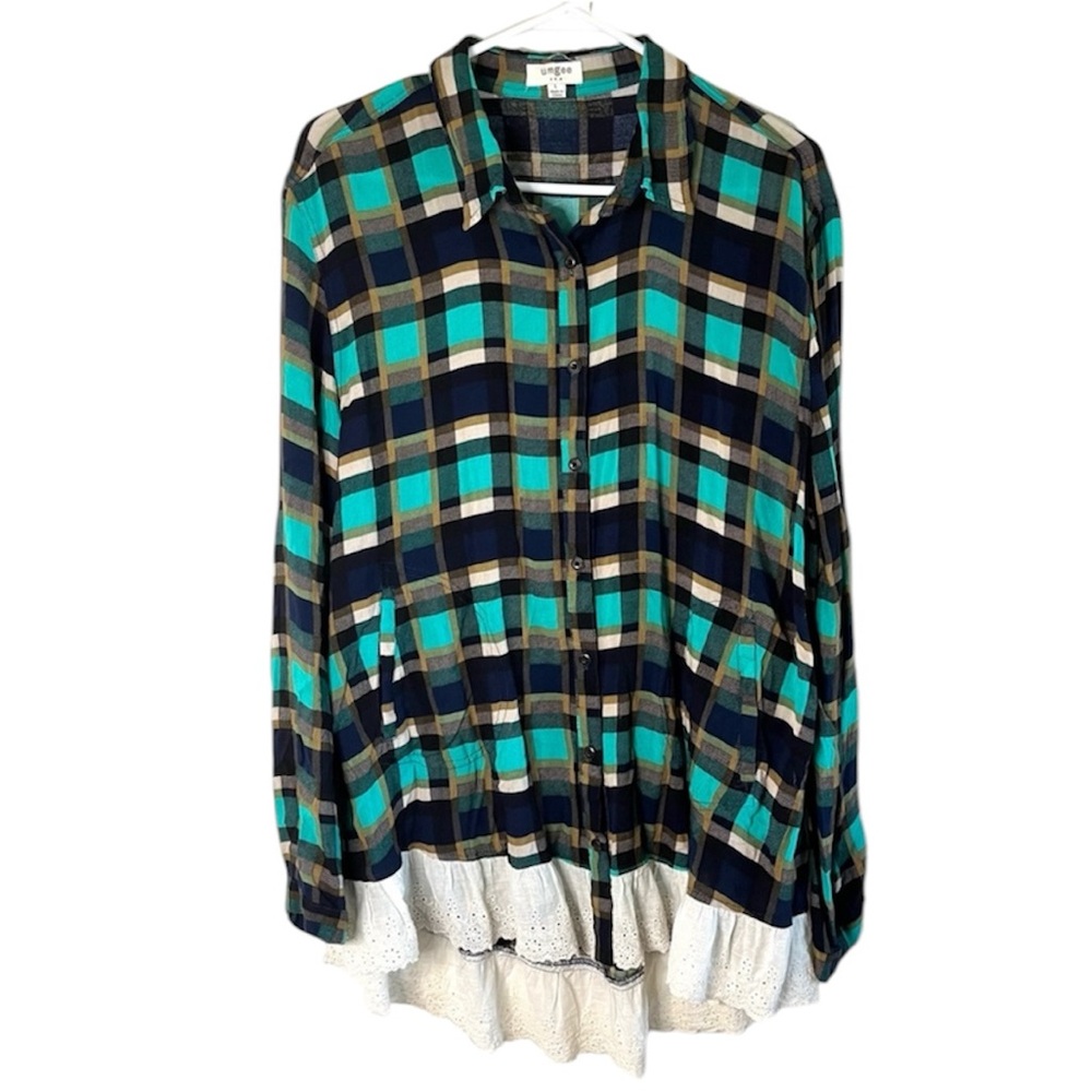 Umgee curvy Plaid Tunic with Lace blue green flannel button down Large